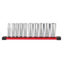 Milwaukee 4932492510 - JUEGO DE 10 VASOS LARGOS DE 3/8" EN RAíL DE TRANSPORTE - SAE